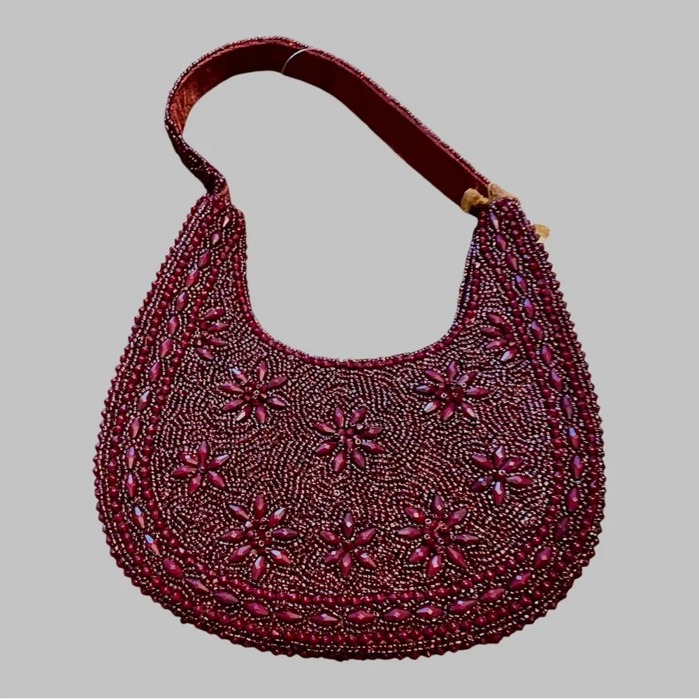 From You to India Hand Beaded Flower Purse, Solid Burgundy, Floral Design. - Picture 2 of 7